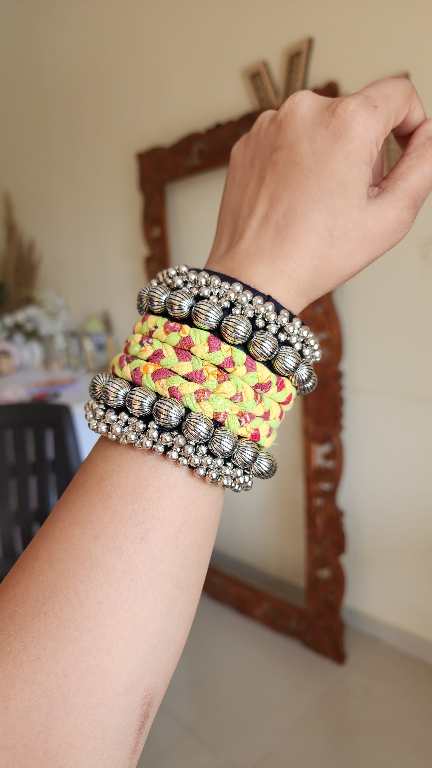 Adjustable Handmade Yellow & Red Braided Handcuff with Silver Bead Work