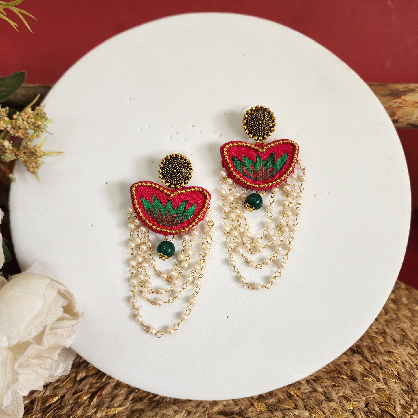Traditional Lotus Embroidered Pearl Earrings