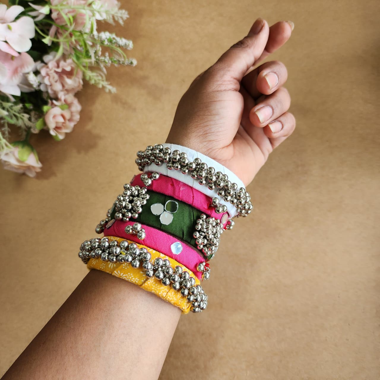Handmade Multicolor Fabric Bangles with Mirror & Silver Bead Work