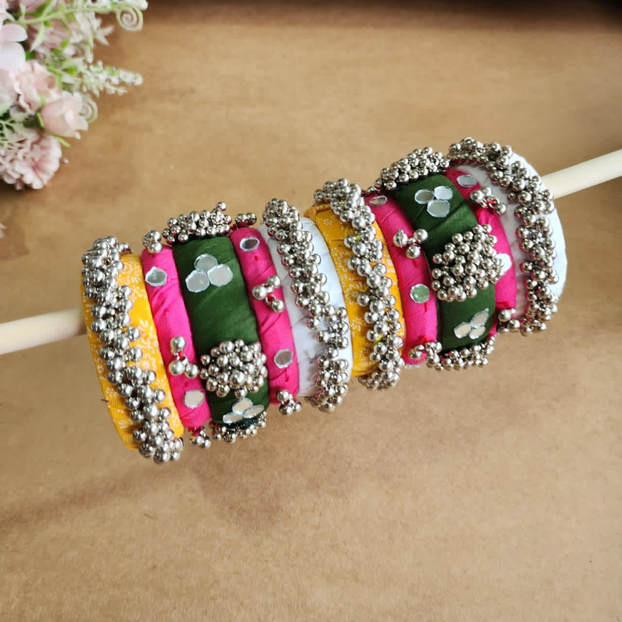 Handmade Multicolor Fabric Bangles with Mirror & Silver Bead Work