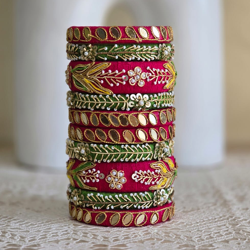 Handcrafted Cotton Thread Bangles with Kundan & Zari Embroidery