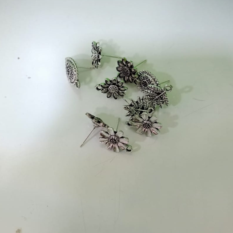 Oxidized Silver Floral Earring Studs/Findings for Jewelry Making set of 10pc