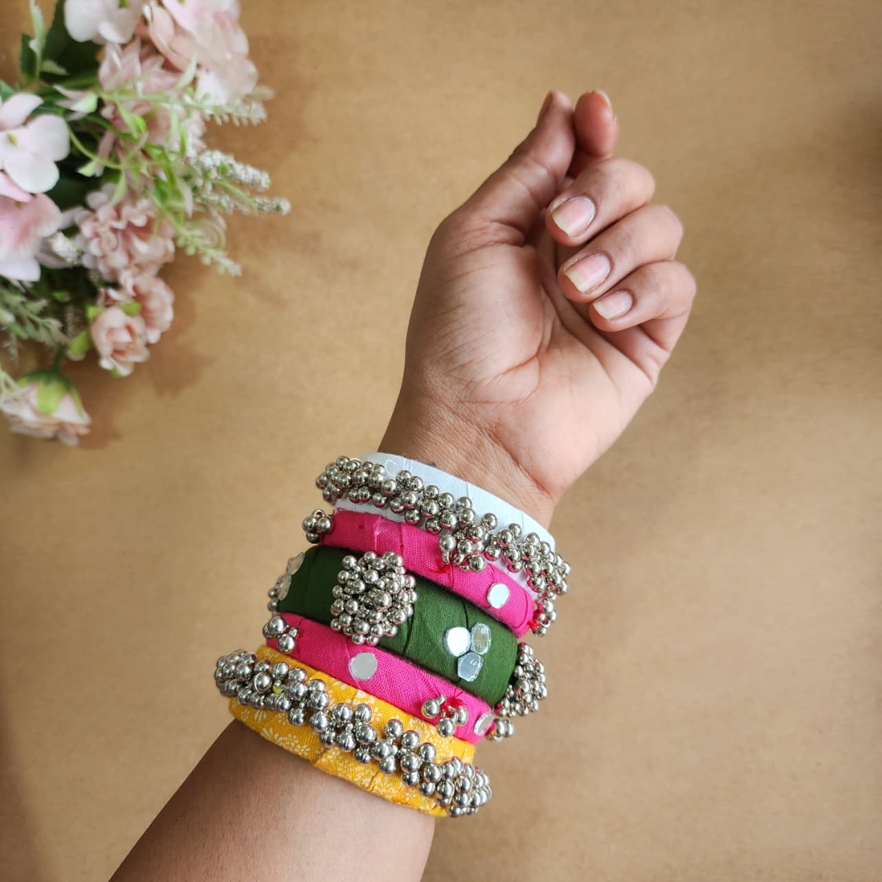 Handmade Multicolor Fabric Bangles with Mirror & Silver Bead Work