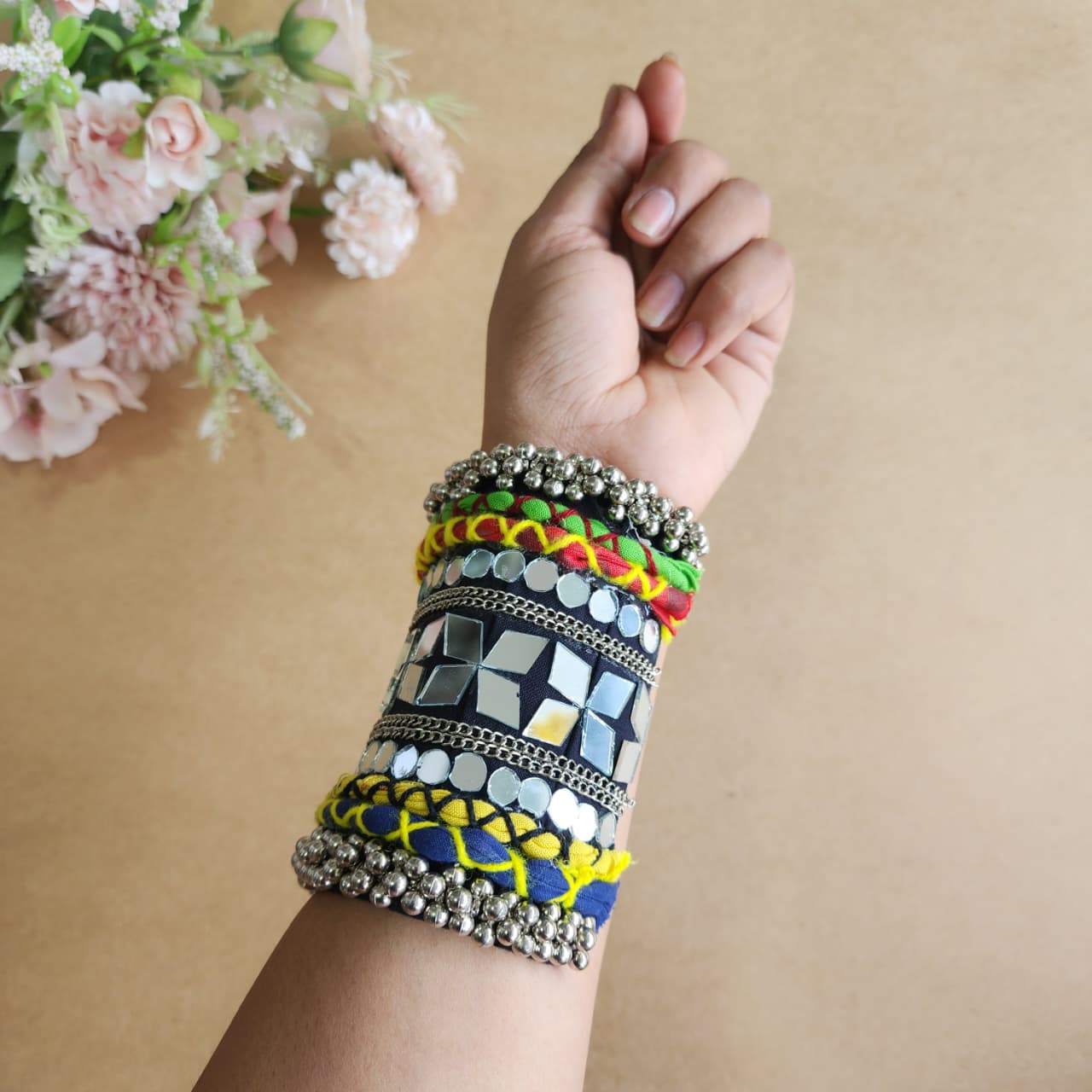Adjustable Handmade Mirror Work Handcuff with Braided Fabric & Silver Bead Detailing