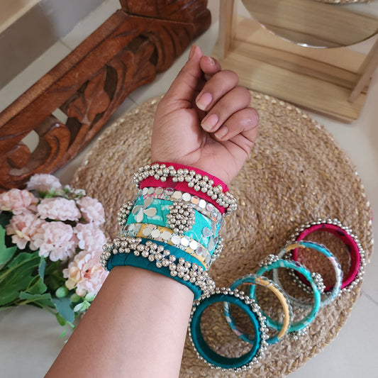 Handmade Multicolor Fabric Bangles with Mirror & Silver Beads (Copy)