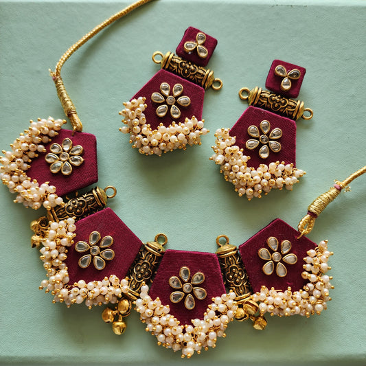 Handmade Fabric Kundan Choker Necklace Set with Earrings