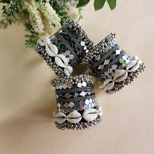 Adjustable Handmade Black Mirror Work Handcuff with Cowrie Shell & Bead Detailing