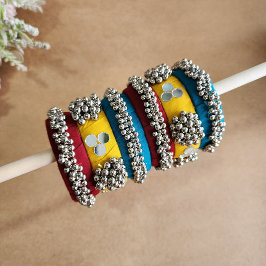 Handmade Multicolor Fabric Bangles with Mirror & Silver Bead Work