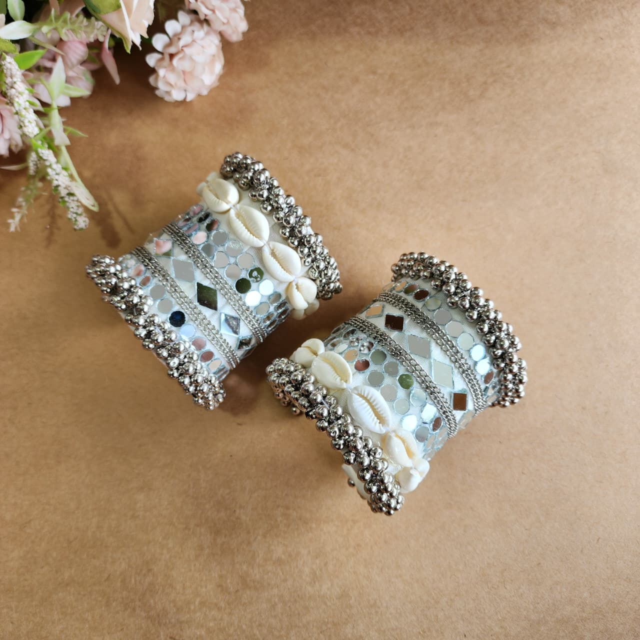 Adjustable Handmade Mirror Work Handcuff with Braided Fabric & Silver Bead Detailing