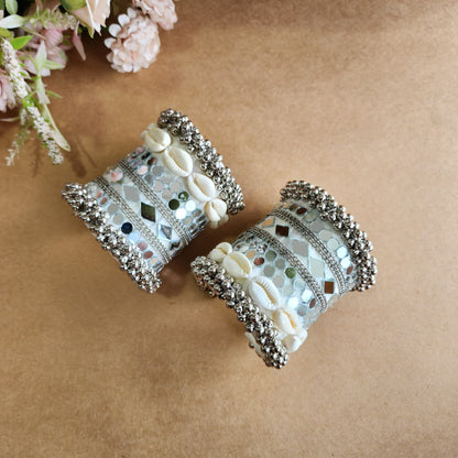 Adjustable Handmade Mirror Work Handcuff with Braided Fabric & Silver Bead Detailing