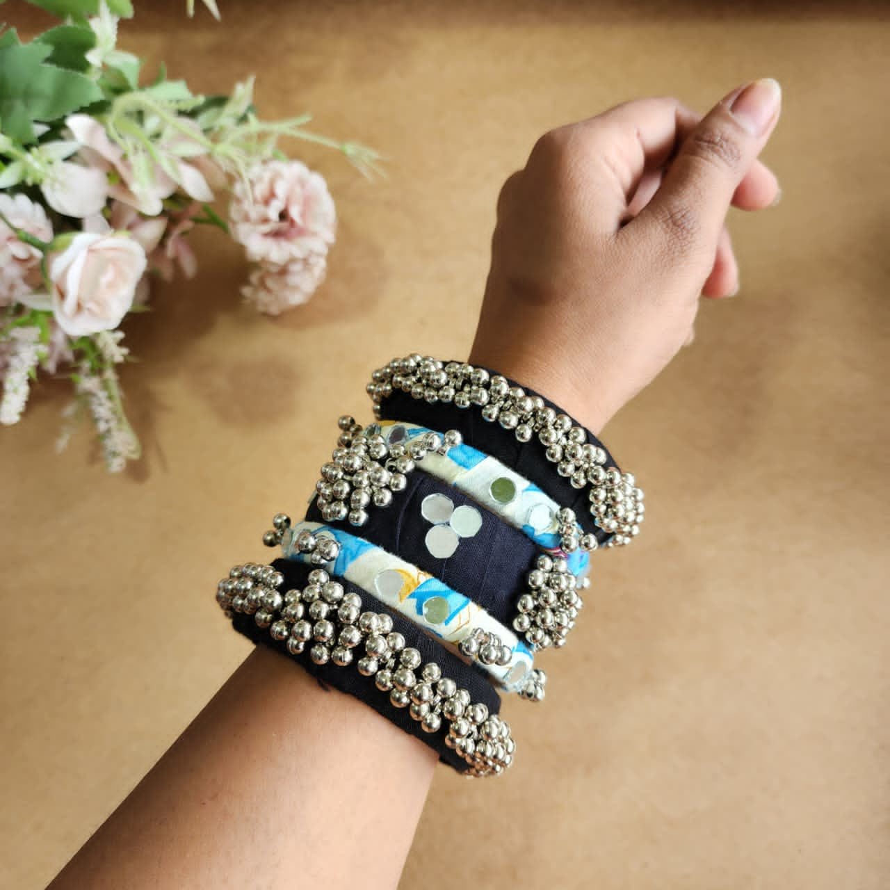 Handmade Multicolor Fabric Bangles with Mirror & Silver Bead Work