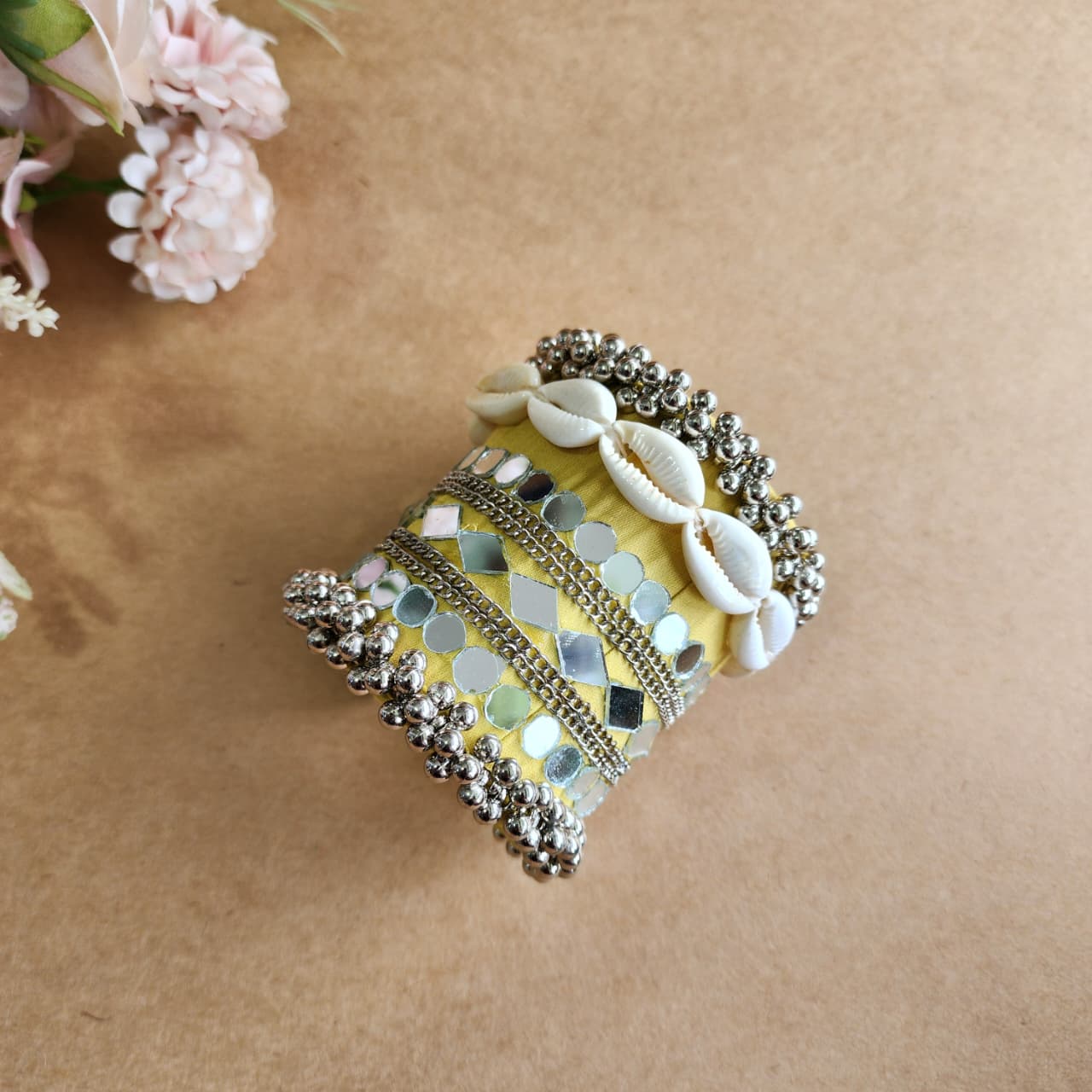 Adjustable Handmade Mirror Work Handcuff with Braided Fabric & Silver Bead Detailing