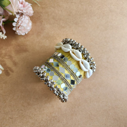 Adjustable Handmade Mirror Work Handcuff with Braided Fabric & Silver Bead Detailing