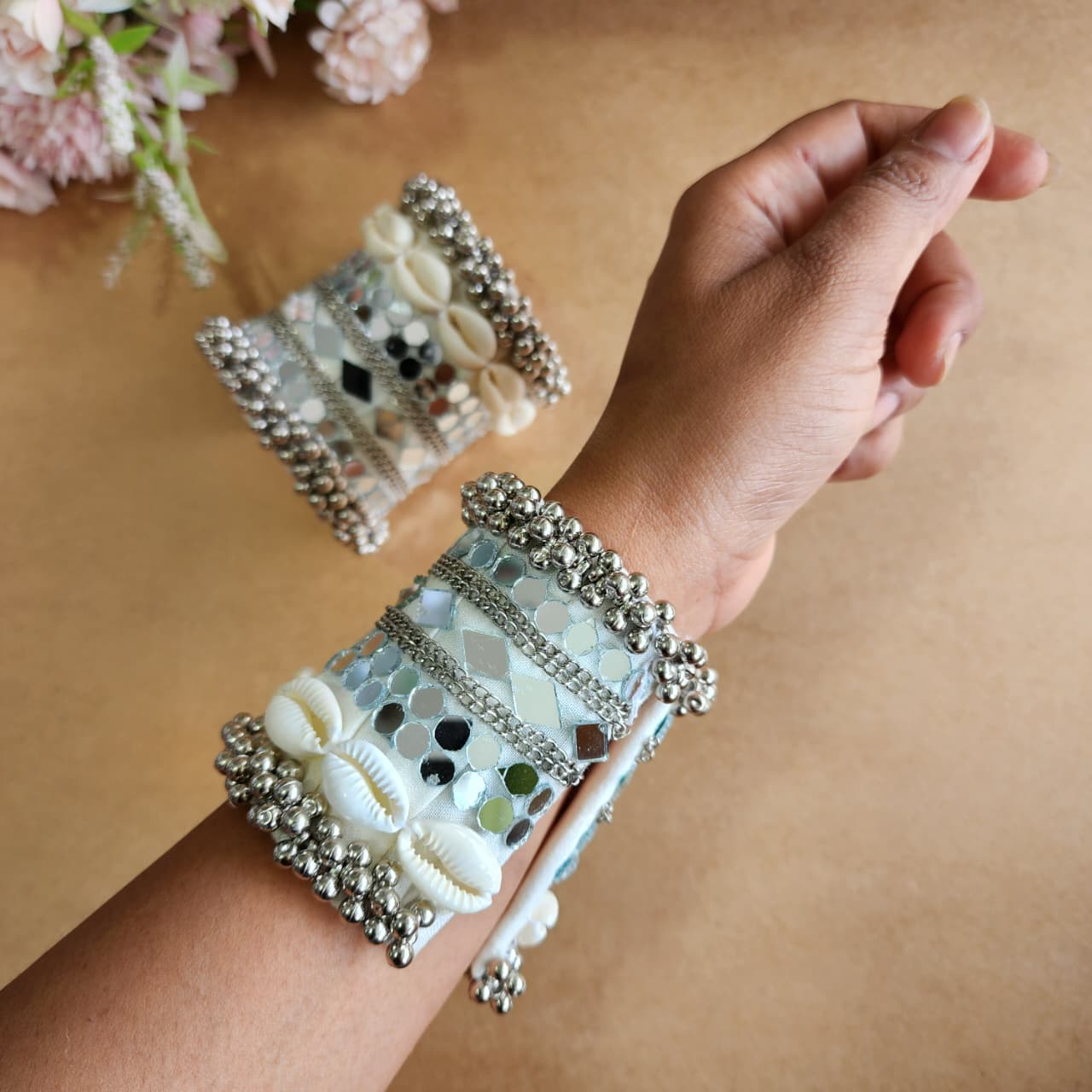 Adjustable Handmade Mirror Work Handcuff with Braided Fabric & Silver Bead Detailing