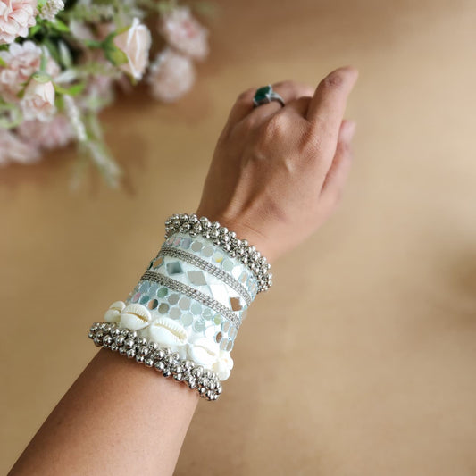 Adjustable Handmade Mirror Work Handcuff with Braided Fabric & Silver Bead Detailing