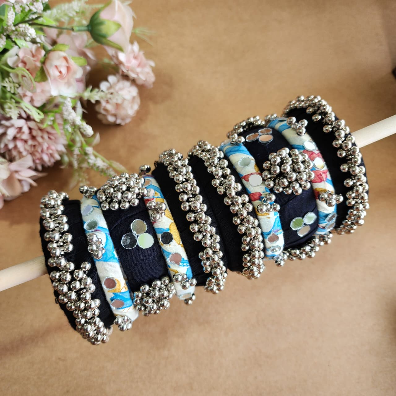 Handmade Multicolor Fabric Bangles with Mirror & Silver Bead Work