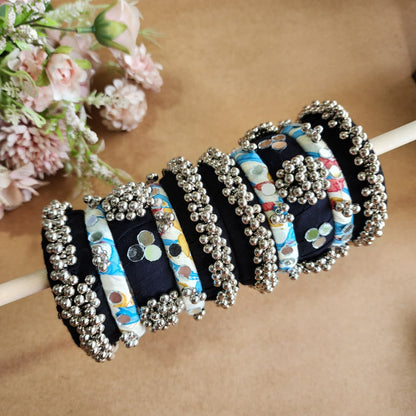 Handmade Multicolor Fabric Bangles with Mirror & Silver Bead Work