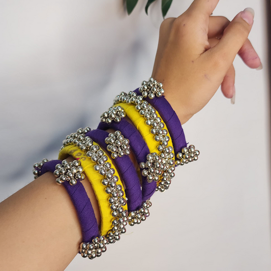 Handcrafted Fabric Bangles – Purple & Yellow with Silver Beads set of 12