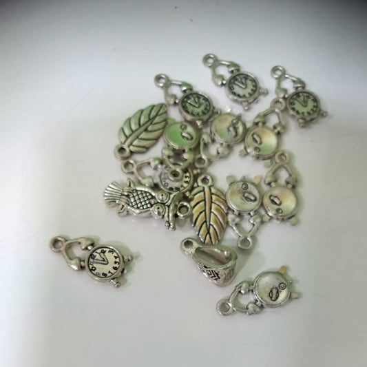 Assorted Antique Silver Charms for Jewelry Making – Leaf, Clock, Owl, Musical Notes & Vintage Pendants set of 10pc