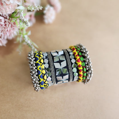Adjustable Handmade Mirror Work Handcuff with Braided Fabric & Silver Bead Detailing