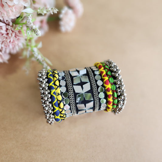 Adjustable Handmade Mirror Work Handcuff with Braided Fabric & Silver Bead Detailing