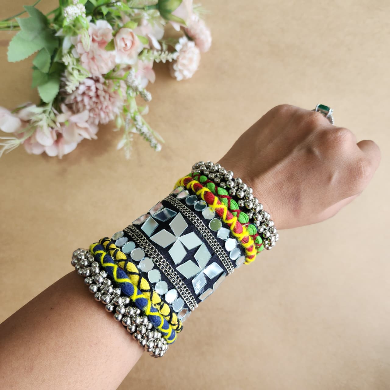 Adjustable Handmade Mirror Work Handcuff with Braided Fabric & Silver Bead Detailing