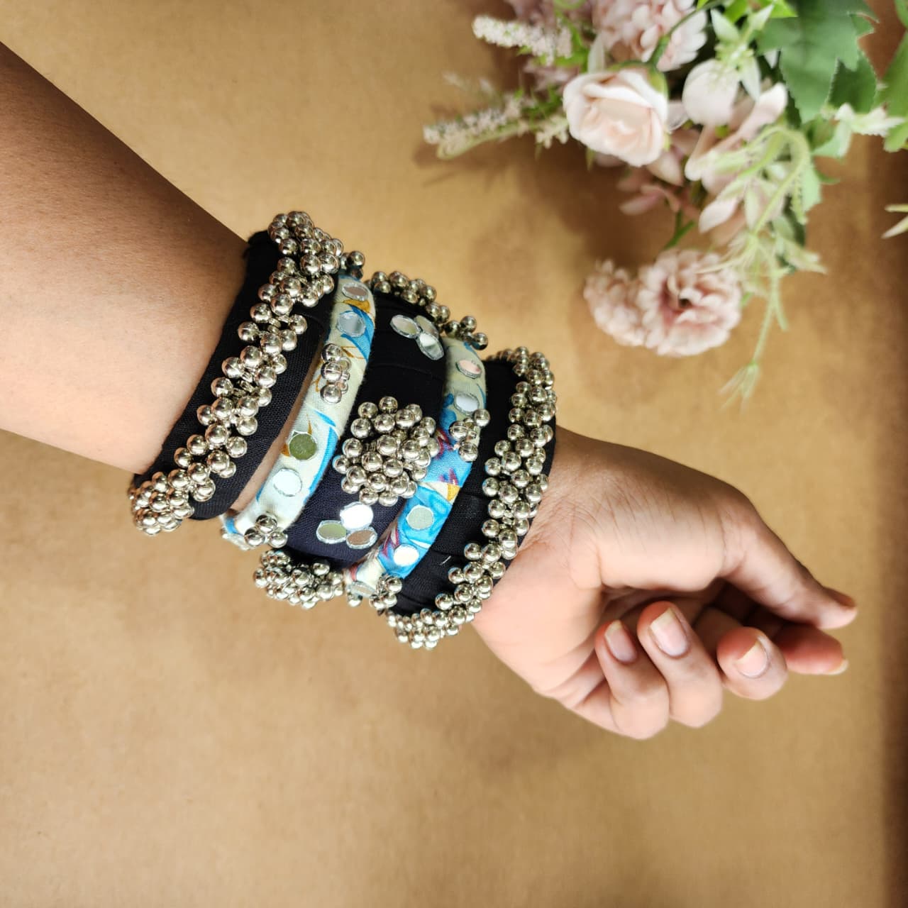 Handmade Multicolor Fabric Bangles with Mirror & Silver Bead Work