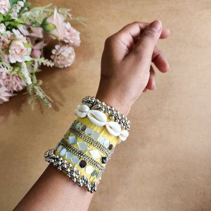 Adjustable Handmade Mirror Work Handcuff with Braided Fabric & Silver Bead Detailing