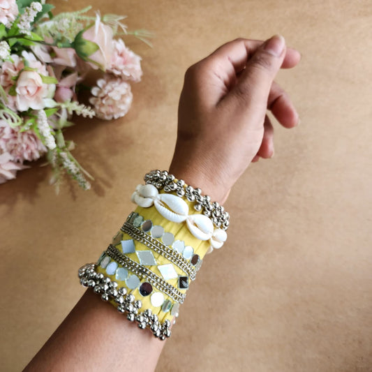 Adjustable Handmade Mirror Work Handcuff with Braided Fabric & Silver Bead Detailing
